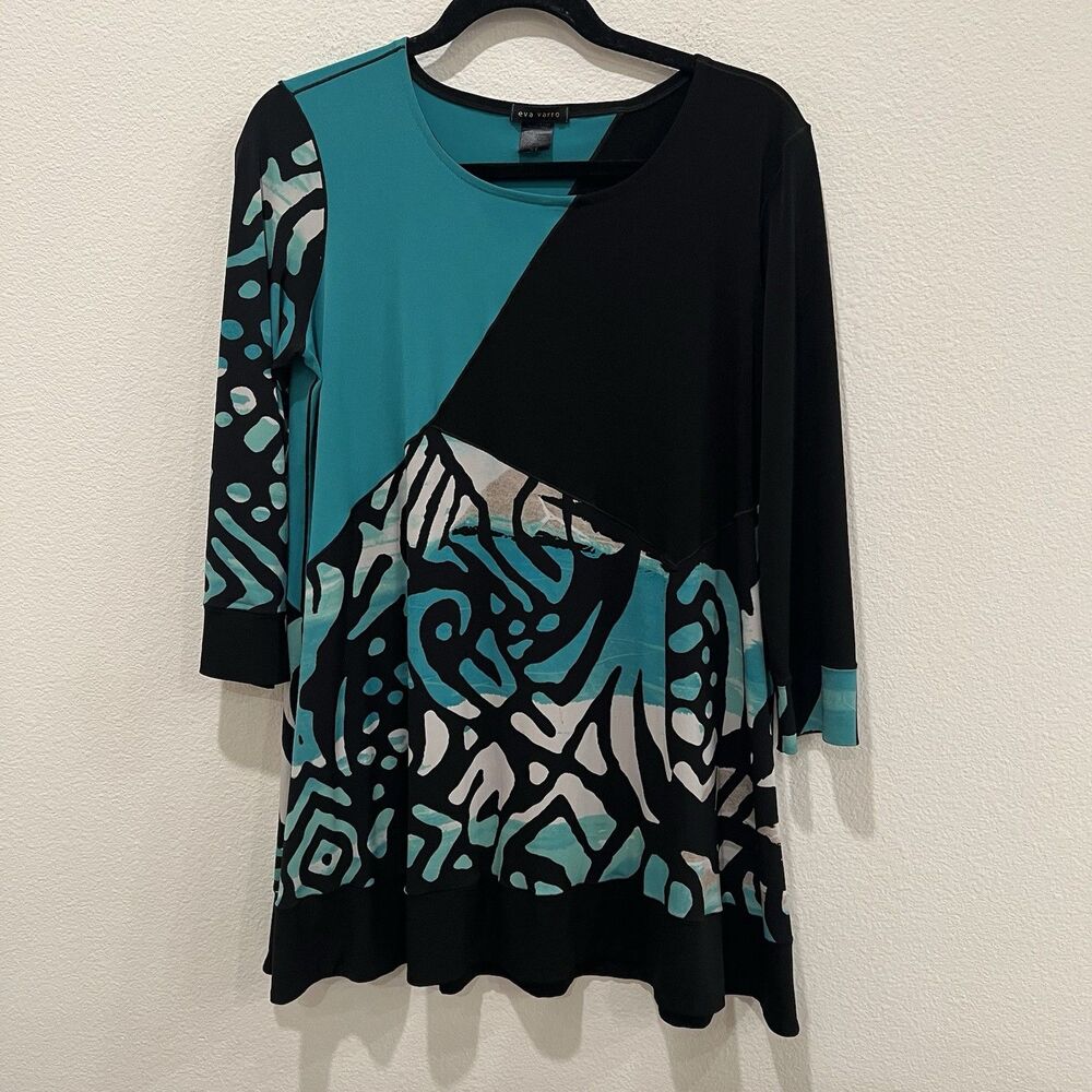 Eva Varro Top Women’s XL Abstract Artsy Stretch Round Neck bohemian Party